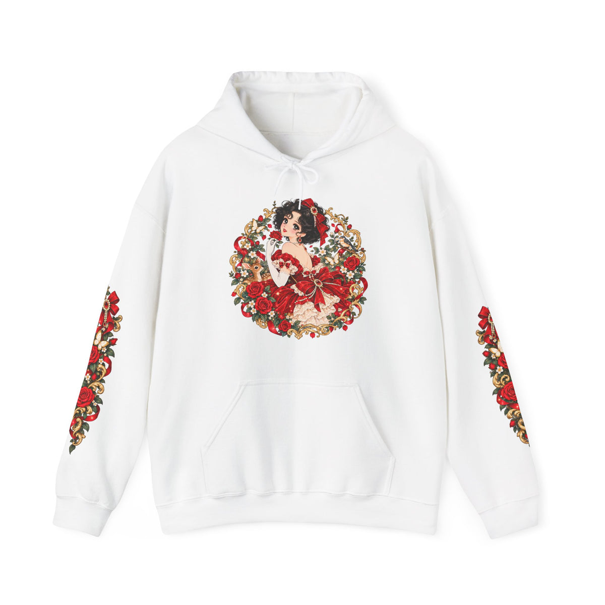 Snow White Anime Hoodie – Vintage 90s Shoujo Fairy Tale Princess Sweatshirt, Red Rose Sleeve Print