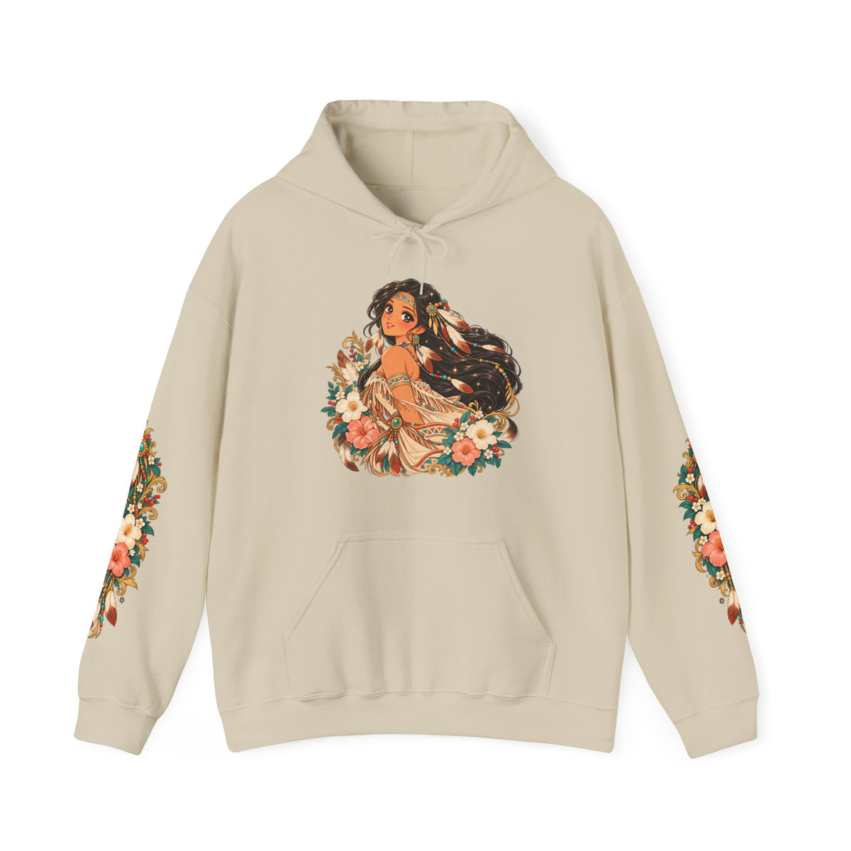 Wind Spirit Anime Hoodie – Vintage 90s Shoujo Feather Girl Sweatshirt, Feather & Floral Sleeve Print