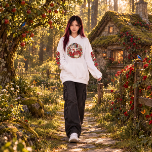Model wearing the white Snow White anime hoodie with red rose sleeve prints in a sunlit woodland beside a cottage.