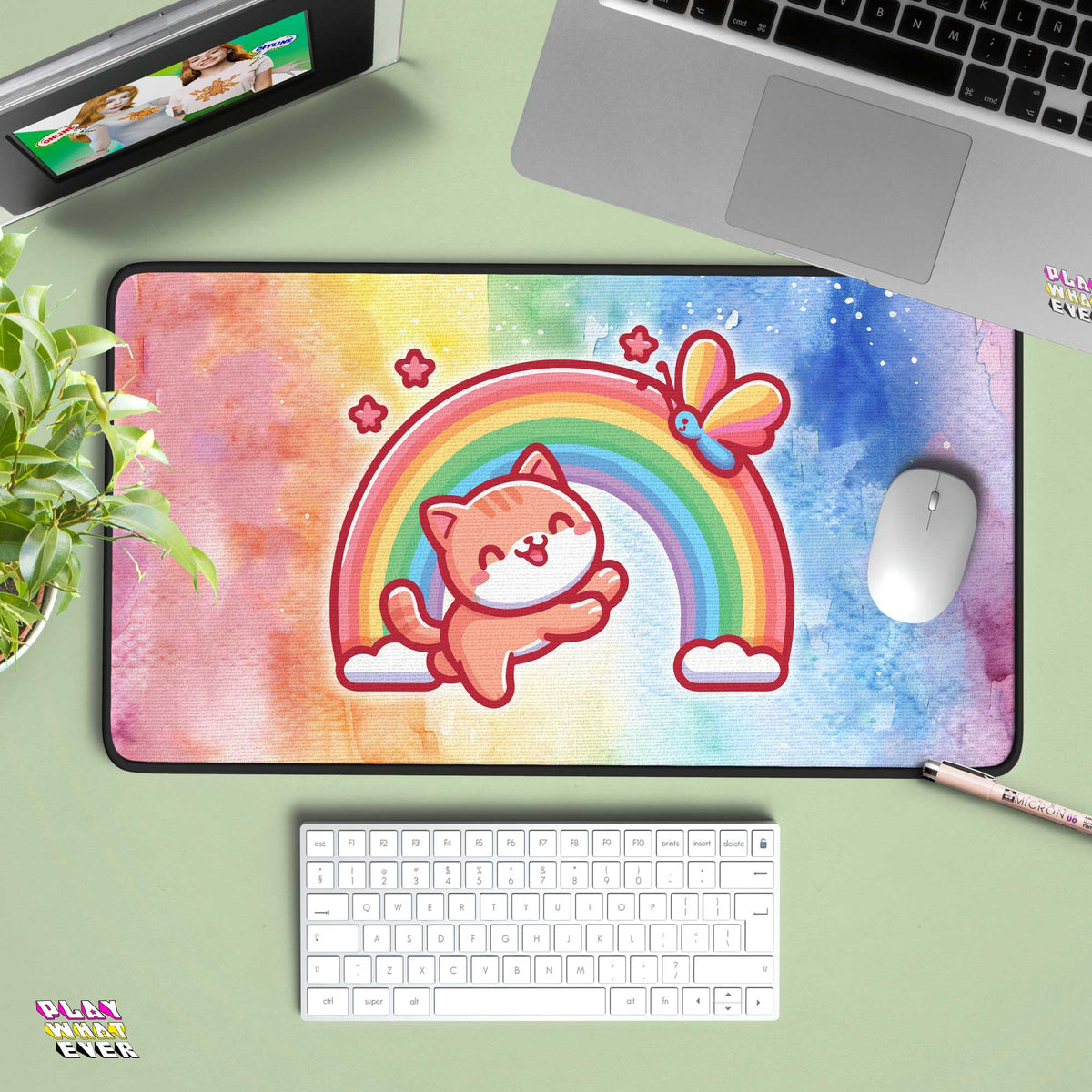 Rainbow Cat and Butterfly Gaming Desk Mat