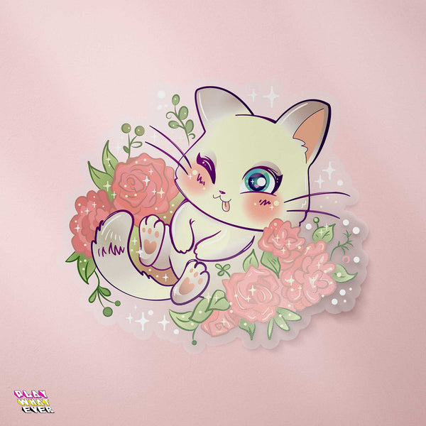 Cute Cat Cuddling in Flowers Vinyl Sticker