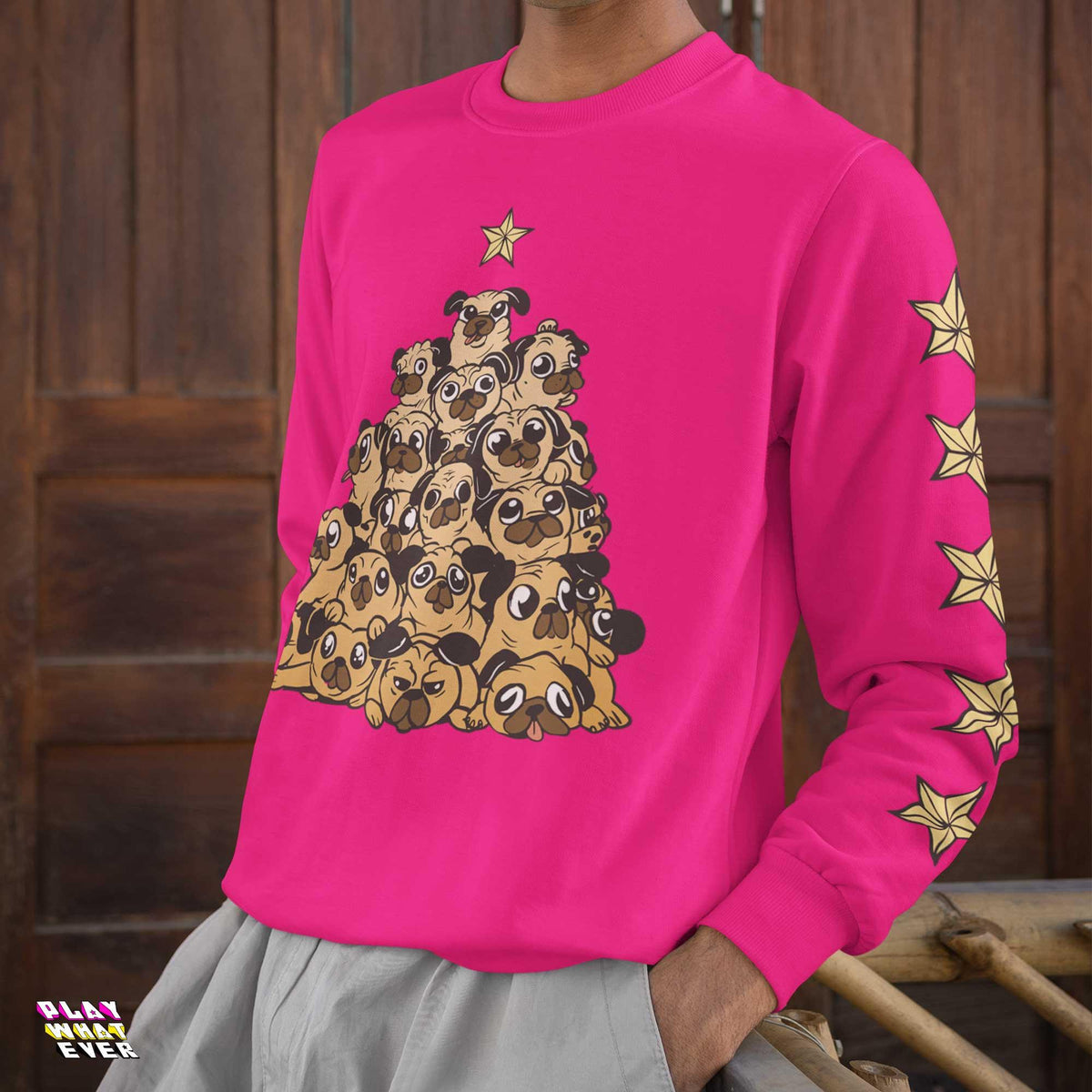 And A Pug in a Christmas Tree Sweatshirt