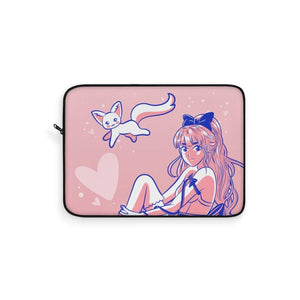 Cute Pink Anime Girl and Cat Laptop Sleeve - PlayWhatever