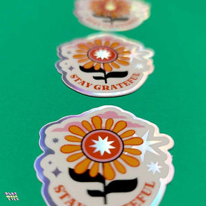 Stay Grateful Retro Flower Holographic Sticker - PlayWhatever