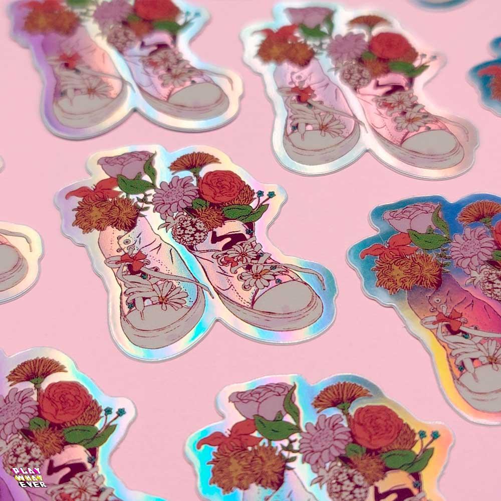 Vintage Shoe Flower Vase Cottagecore Holographic Sticker - PlayWhatever
