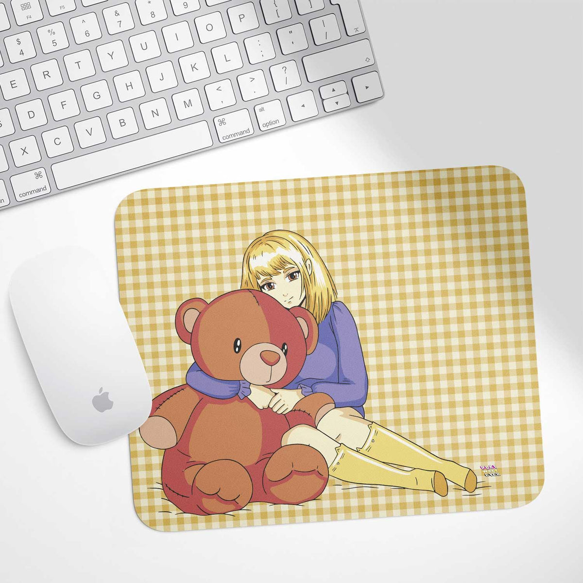 Anime Girl Teddy Bear Gingham Plaid Mouse Pad - PlayWhatever