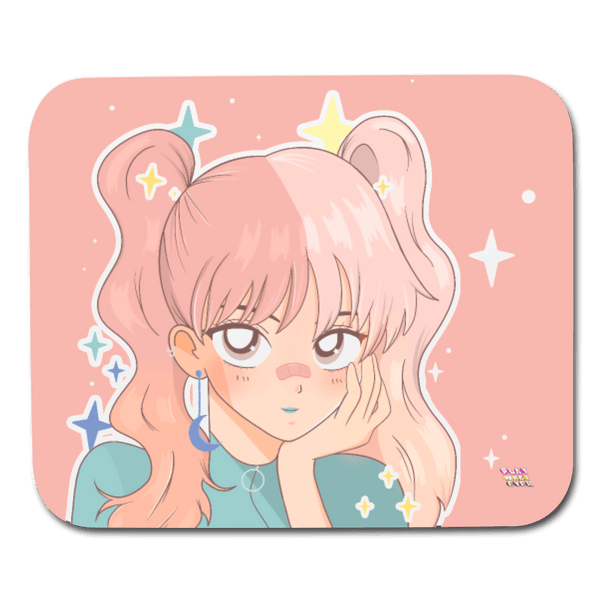 Pastel Pink Anime Girl Sparkles Mouse Pad - white