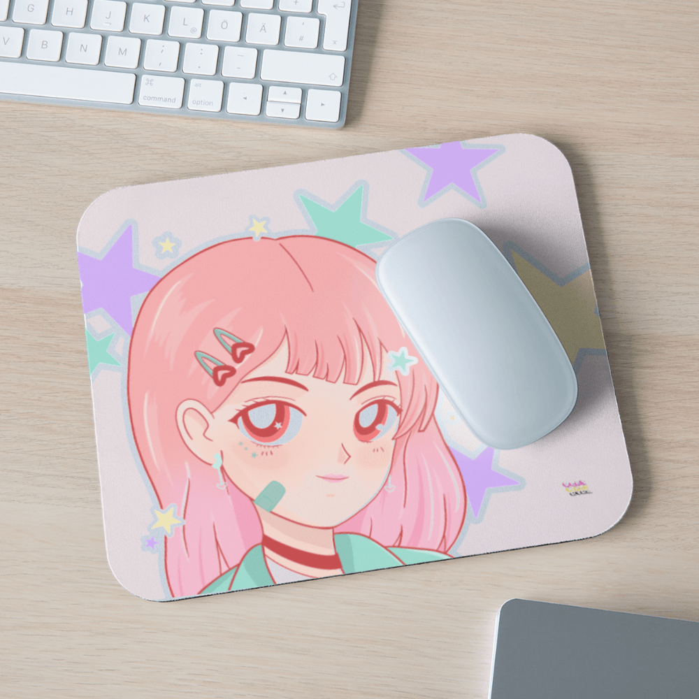 Kawaii Anime Girl and Pastel Stars Mouse Pad - white