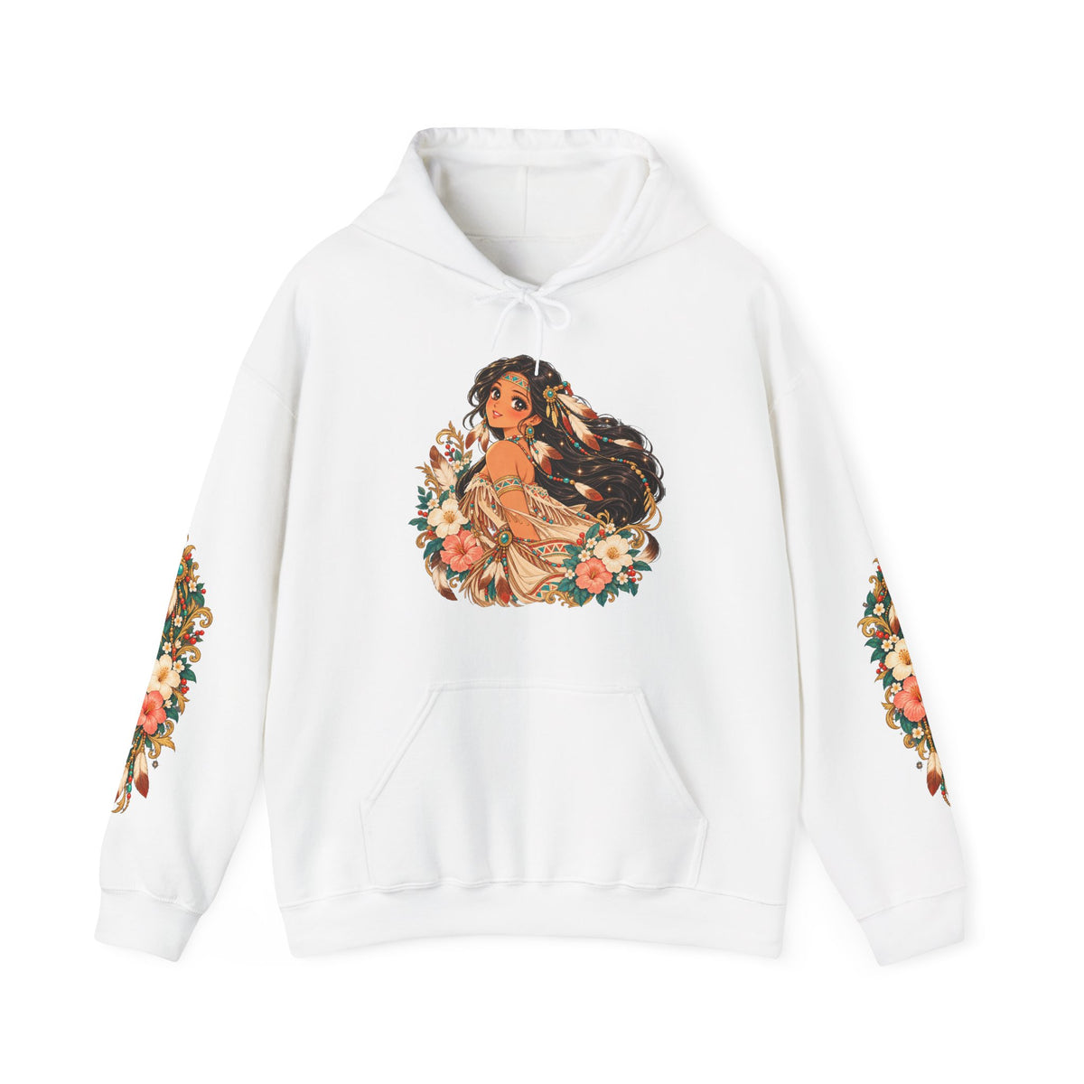 Wind Spirit Anime Hoodie – Vintage 90s Shoujo Feather Girl Sweatshirt, Feather & Floral Sleeve Print