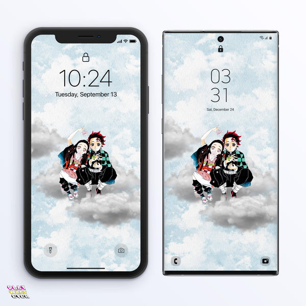 Demon Slayer Tanjiro & Nezuko Siblings on a Cloud Phone Wallpaper