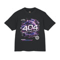 Black PlayWhatever 404 cyberpunk graphic T-shirt with purple futuristic artwork and Reality Not Found lettering, front view.