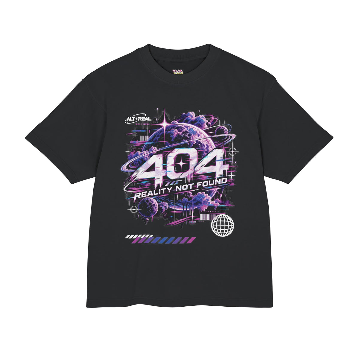 Black PlayWhatever 404 cyberpunk graphic T-shirt with purple futuristic artwork and Reality Not Found lettering, front view.