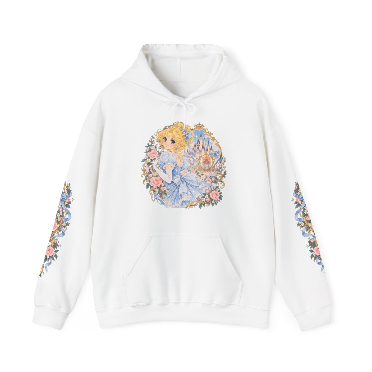 Cinderella Anime Hoodie – Vintage 90s Shoujo Fairy Tale Princess Sweatshirt, Rose Sleeve Print