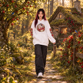 Model wearing the white Snow White anime hoodie with red rose sleeve prints in a sunlit woodland beside a cottage.