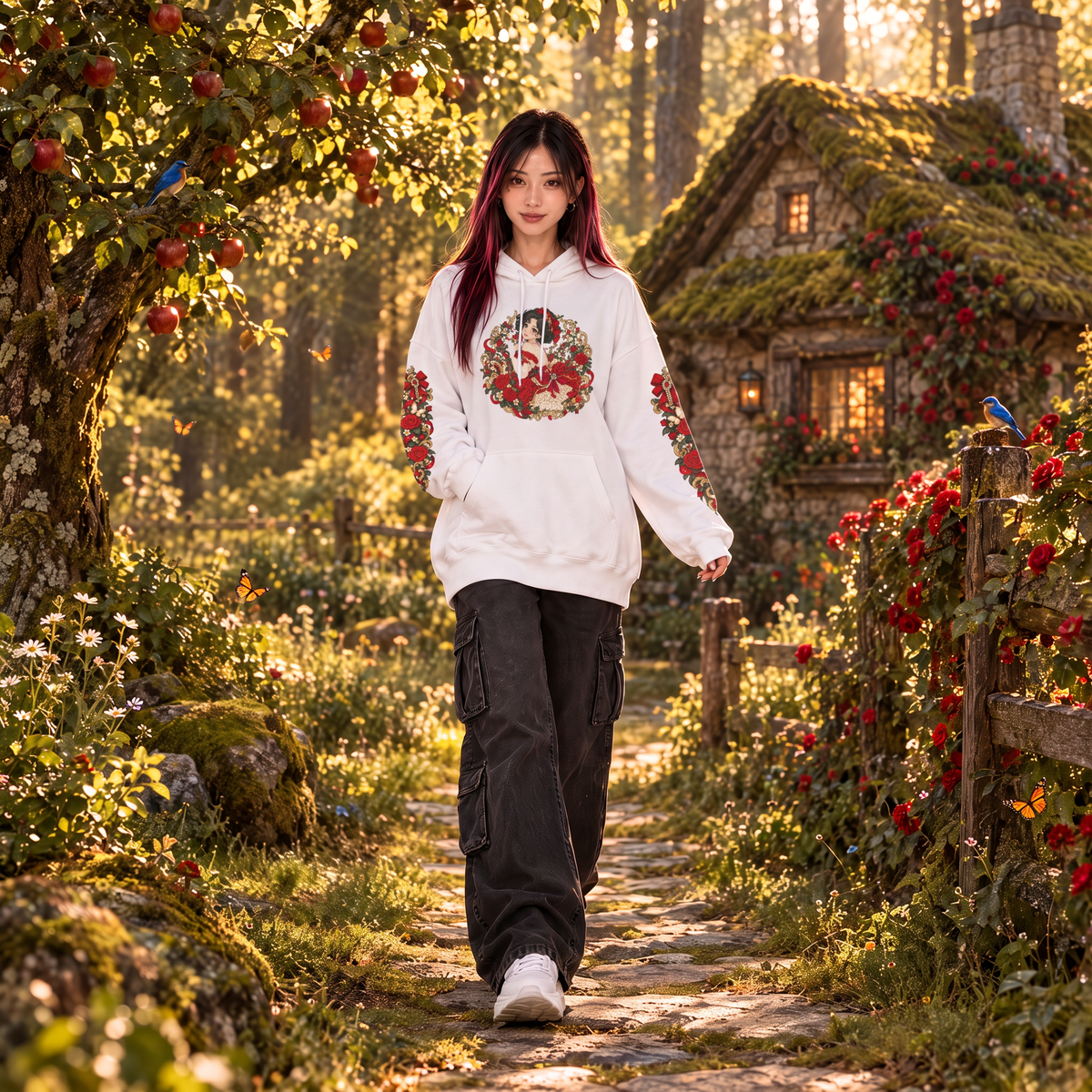 Model wearing the white Snow White anime hoodie with red rose sleeve prints in a sunlit woodland beside a cottage.