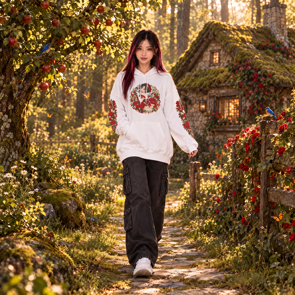 Snow White Anime Hoodie – Vintage 90s Shoujo Fairy Tale Princess Sweatshirt, Red Rose Sleeve Print