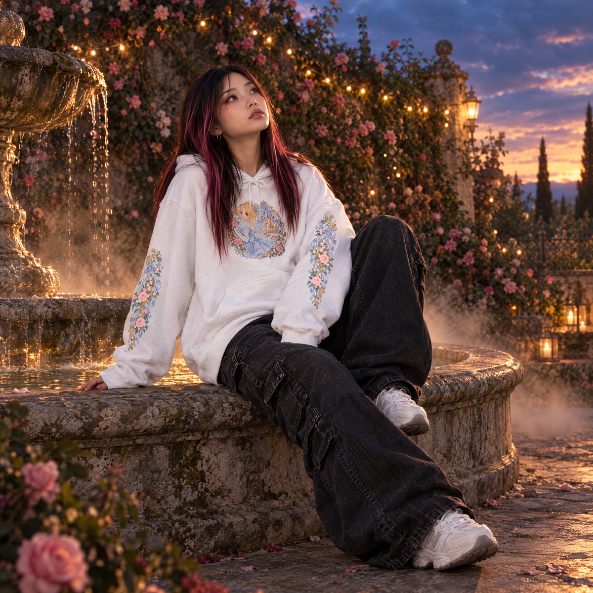 Cinderella Anime Hoodie – Vintage 90s Shoujo Fairy Tale Princess Sweatshirt, Rose Sleeve Print