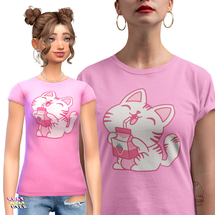 Strawberry Milk Kawaii Neko Cat T-Shirt - PlayWhatever