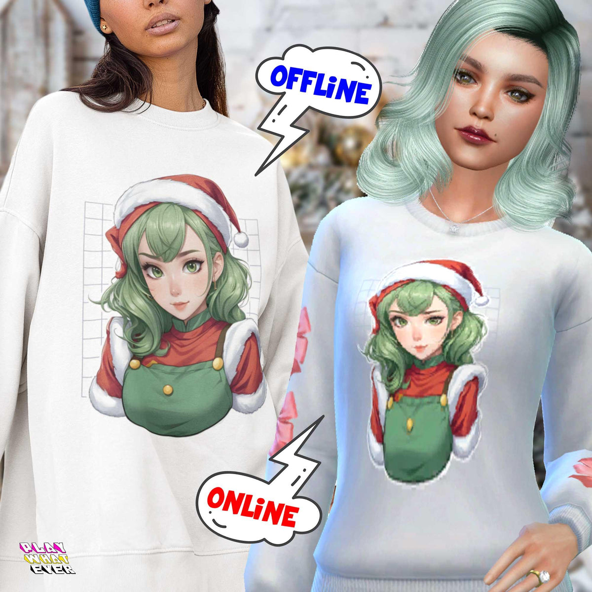 Sims 4 CC Happy Holidays Santa Anime Girl Sweatshirt