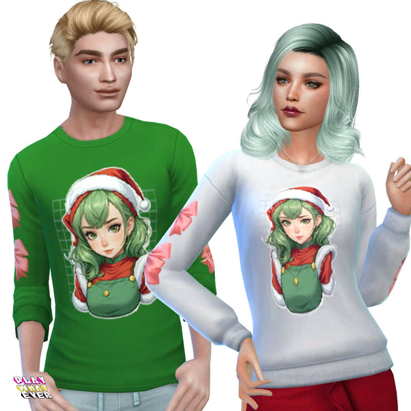 Sims 4 CC Happy Holidays Santa Anime Girl Sweatshirt