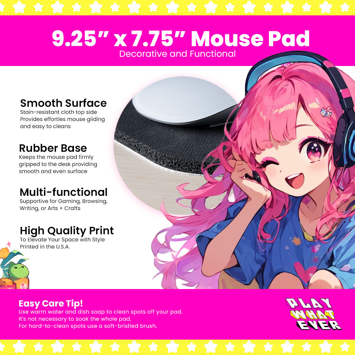PlayWhatever mouse pad size guide: 9.25 x 7.75 inch neoprene mouse pad with anti-slip rubber base, drawn to scale