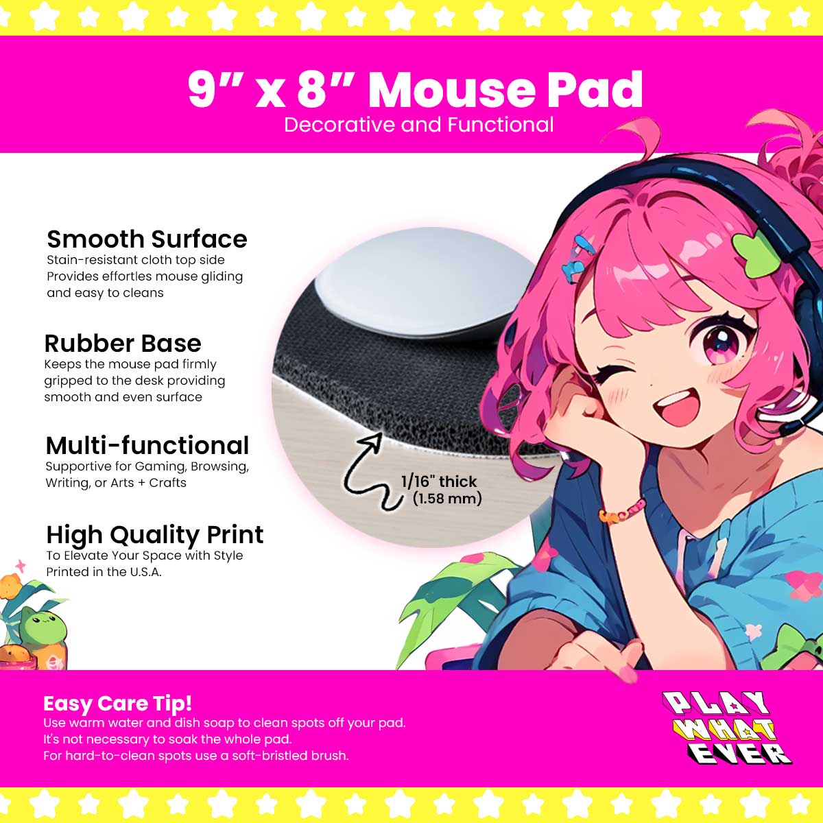 PlayWhatever mouse pad size guide: 9 x 8 inch mouse pad with smooth cloth top and rubber base, 1/16 inch thick, drawn to scale