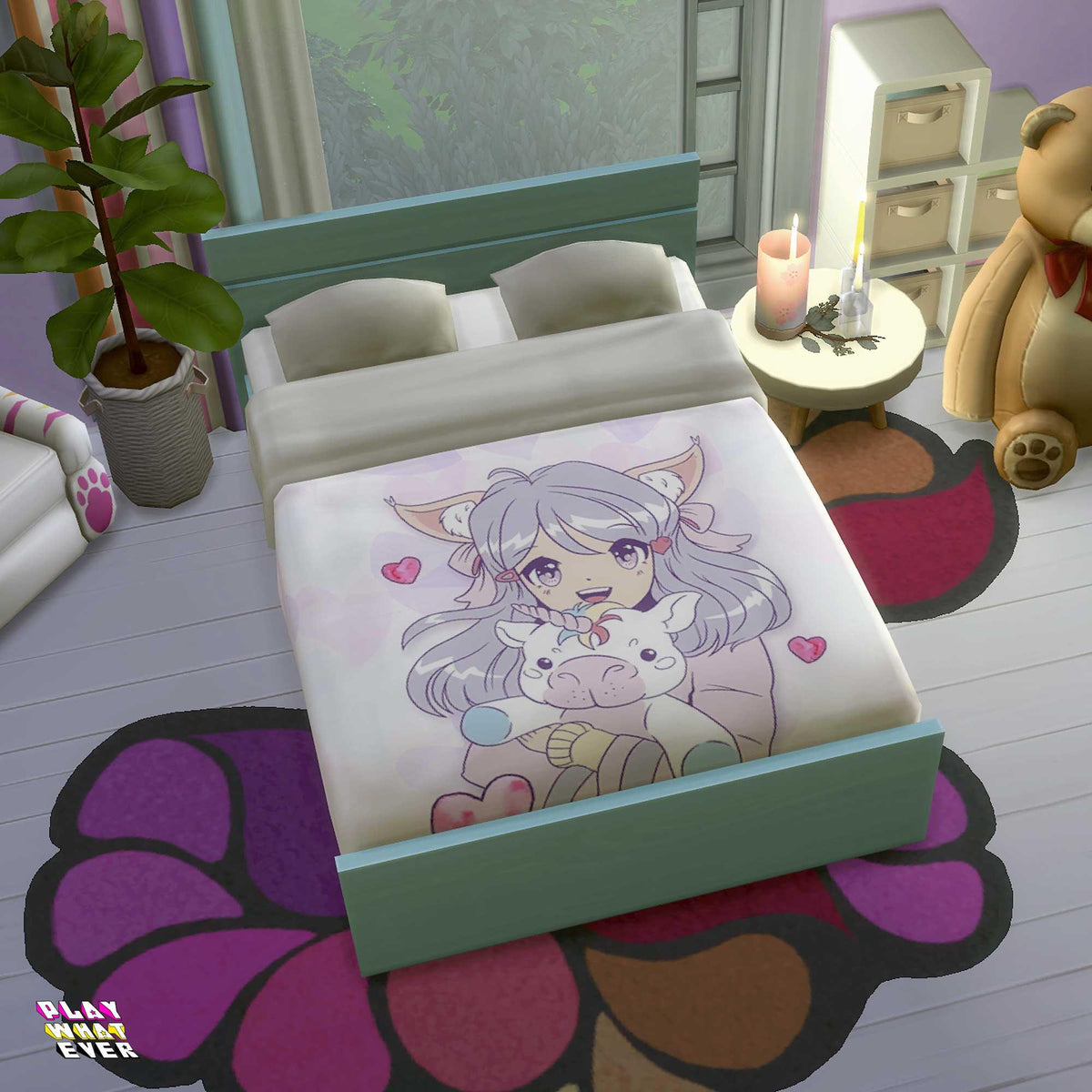 Sims 4 CC Cute Unicorn Anime Girl Bed - PlayWhatever