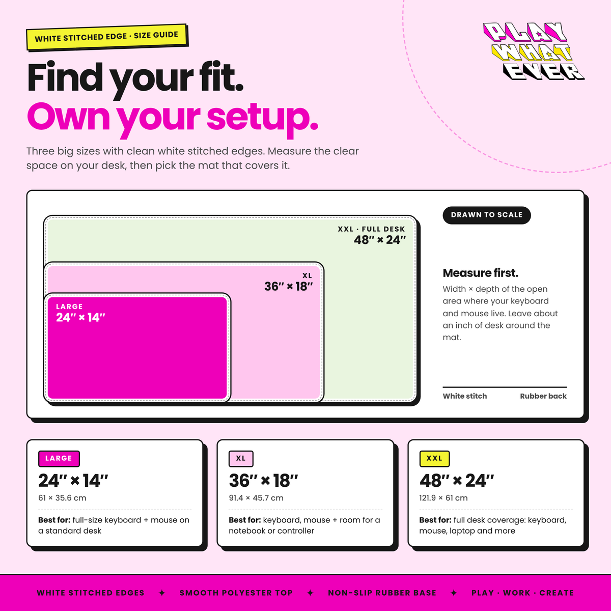 PlayWhatever white stitched edge desk mat size guide: 24 x 14, 36 x 18 and 48 x 24 inch sizes drawn to scale