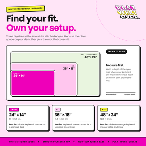 PlayWhatever white stitched edge desk mat size guide: 24 x 14, 36 x 18 and 48 x 24 inch sizes drawn to scale