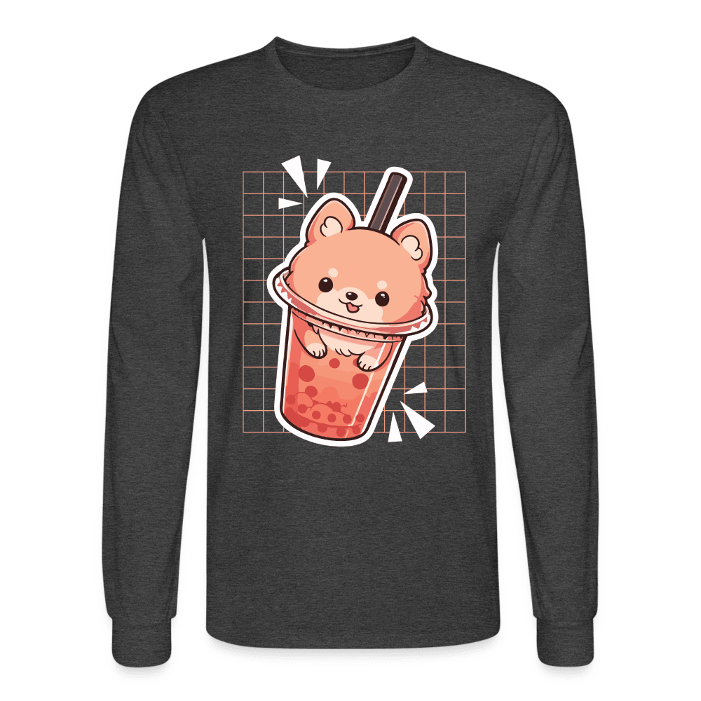 Puppy Bubble Tea Long Sleeve T-Shirt - heather black