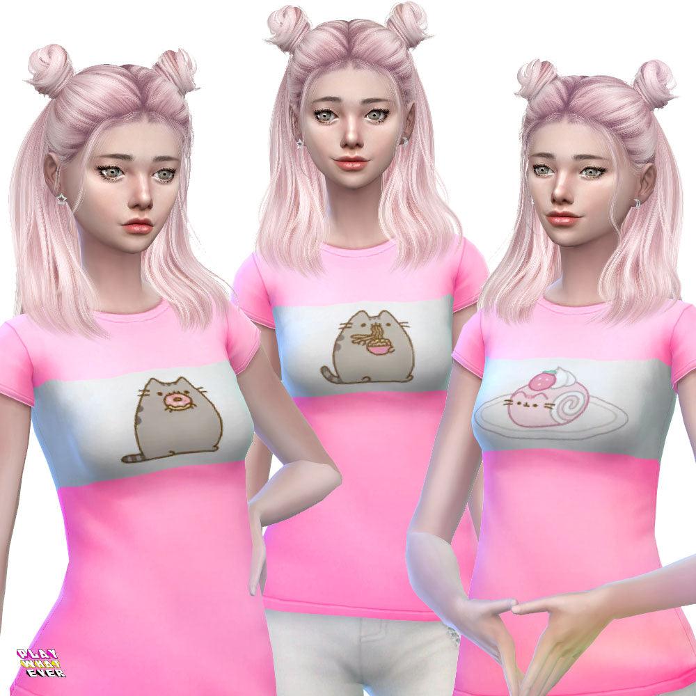 Sims 4 CC Eating Pusheen Cute Pink Maxis Match T-Shirt - PlayWhatever