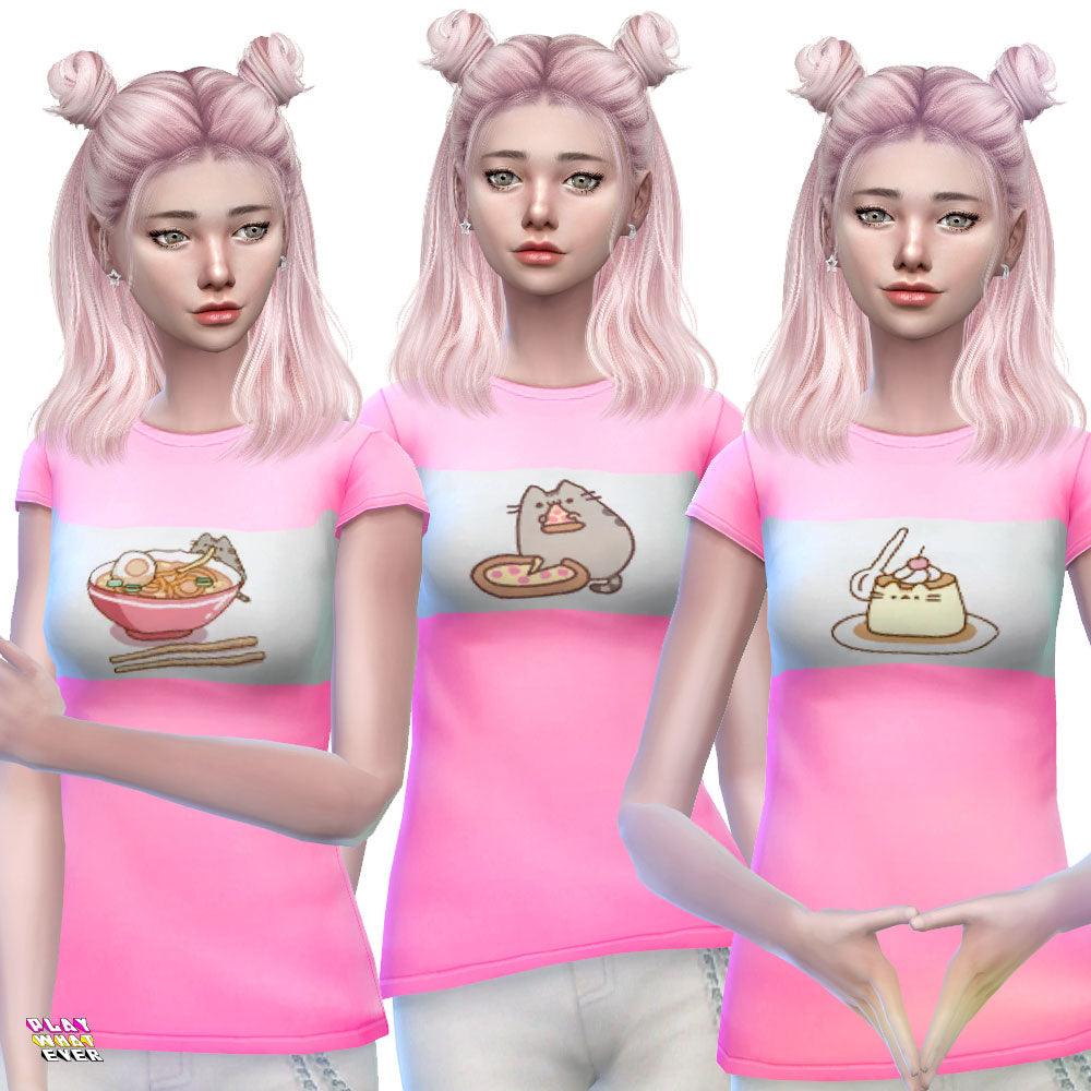 Sims 4 CC Eating Pusheen Cute Pink Maxis Match T-Shirt - PlayWhatever