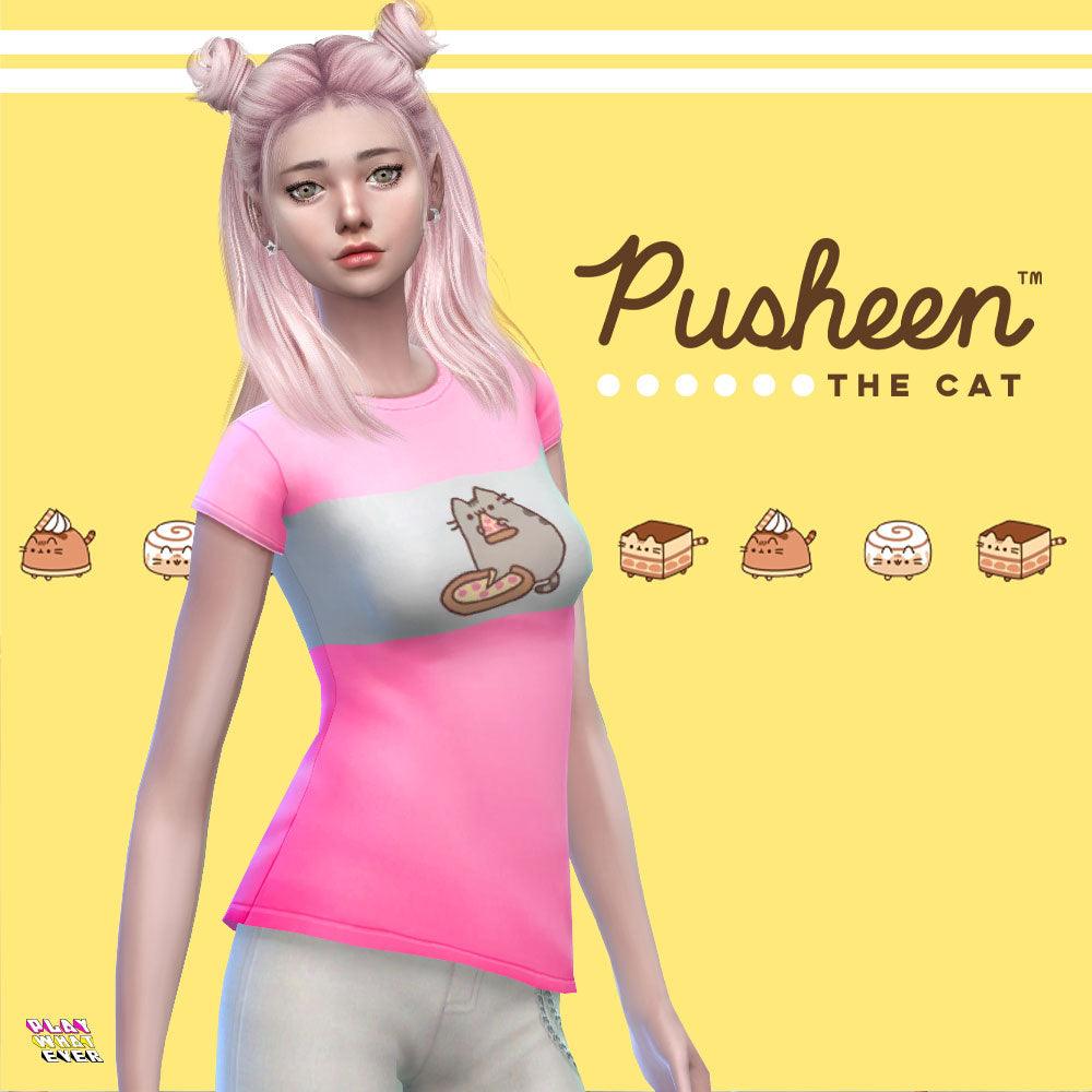 Sims 4 CC Eating Pusheen Cute Pink Maxis Match T-Shirt - PlayWhatever
