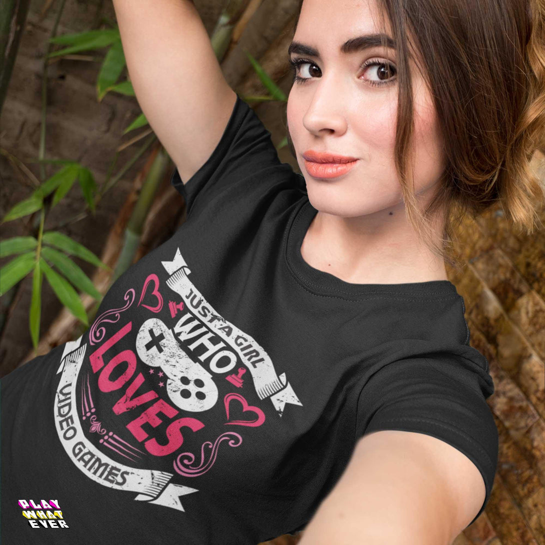 Just A Girl Who Loves Video Games Hearts Gamer T-Shirt - PlayWhatever
