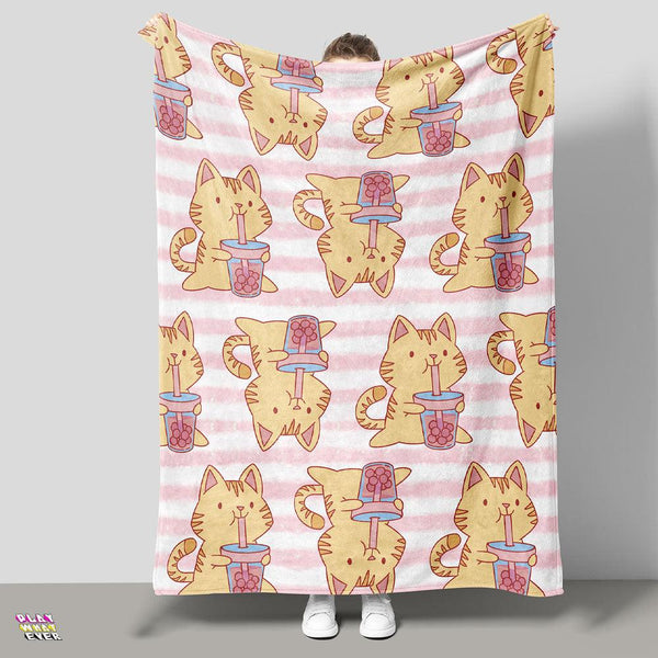Boba Bubble Tea Cat Velveteen Plush Blanket - PlayWhatever