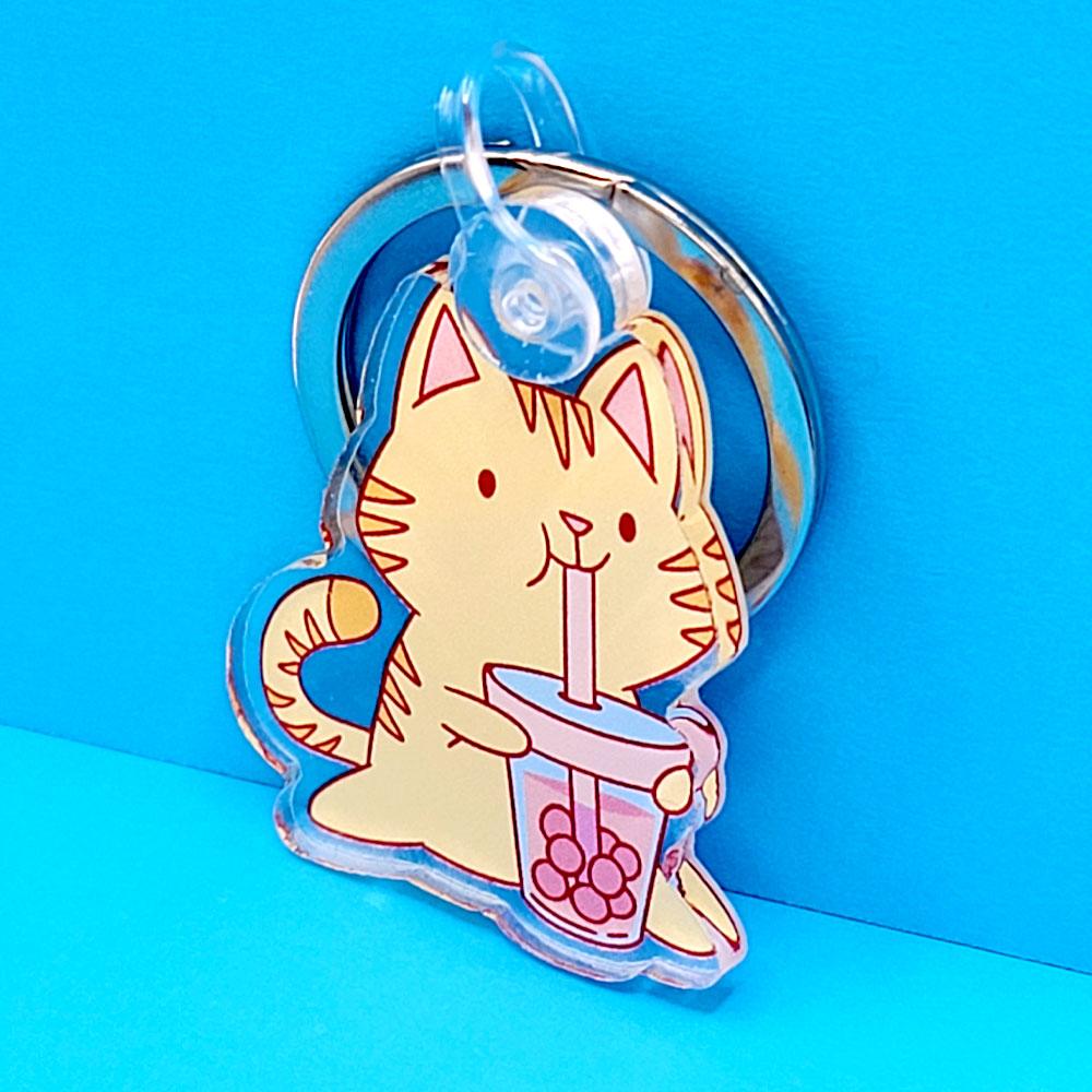Tabby Cat Bubble Tea Boba Acrylic Keychain - PlayWhatever