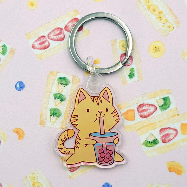 Tabby Cat Bubble Tea Boba Acrylic Keychain - PlayWhatever