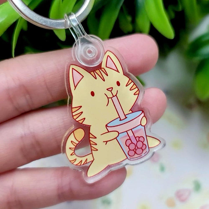 Tabby Cat Bubble Tea Boba Acrylic Keychain - PlayWhatever