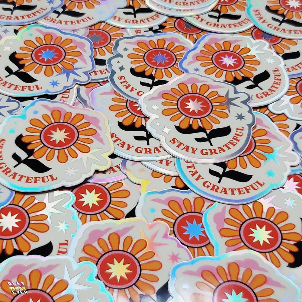 Stay Grateful Retro Flower Holographic Sticker - PlayWhatever
