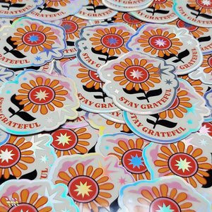 Stay Grateful Retro Flower Holographic Sticker - PlayWhatever