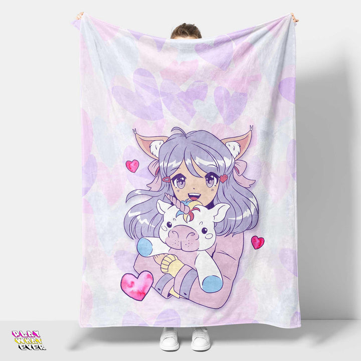 I Love Unicorns Anime Girl Velveteen Plush Blanket - PlayWhatever