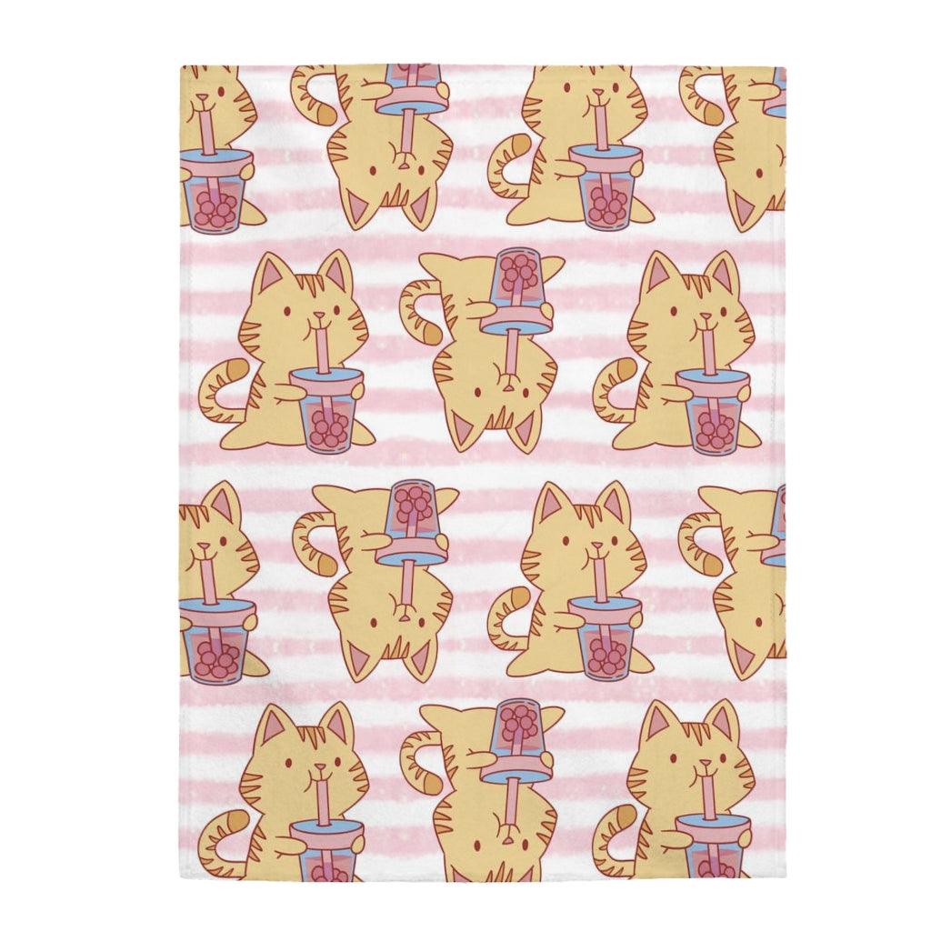 Boba Bubble Tea Cat Velveteen Plush Blanket - PlayWhatever