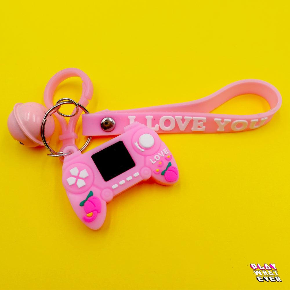 Pink Gaming Controller Peach Bell and Wrist Strap Keychain - PlayWhatever