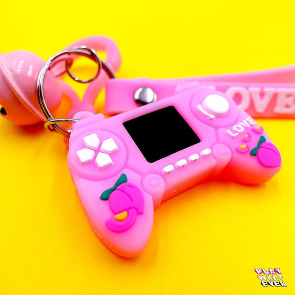 Pink Gaming Controller Peach Bell and Wrist Strap Keychain - PlayWhatever