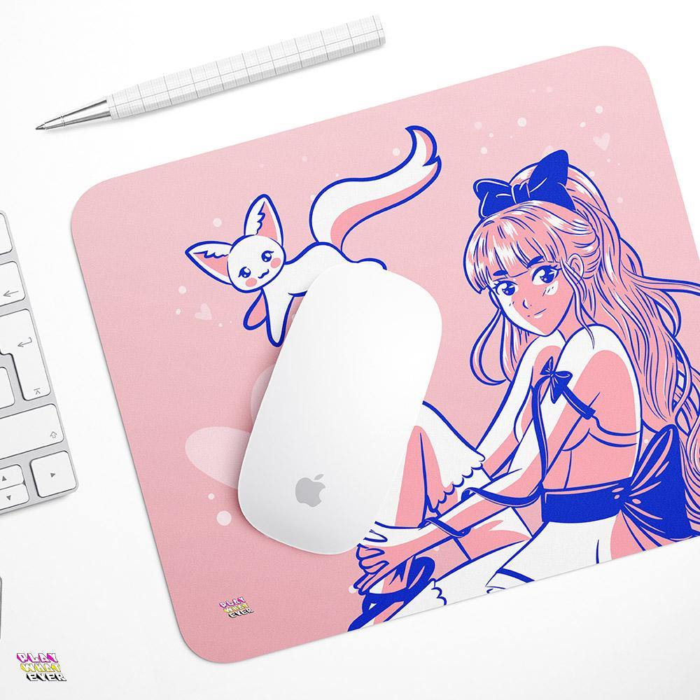 Cute Pink Anime Girl with Cat Mouse Pad - PlayWhatever