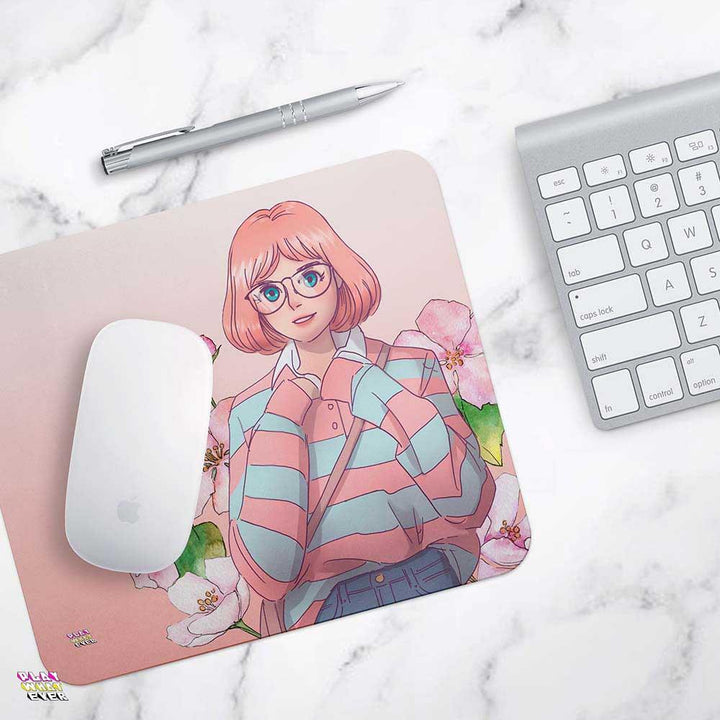 Pink Glasses Anime Girl Pastel Floral Mouse Pad - PlayWhatever