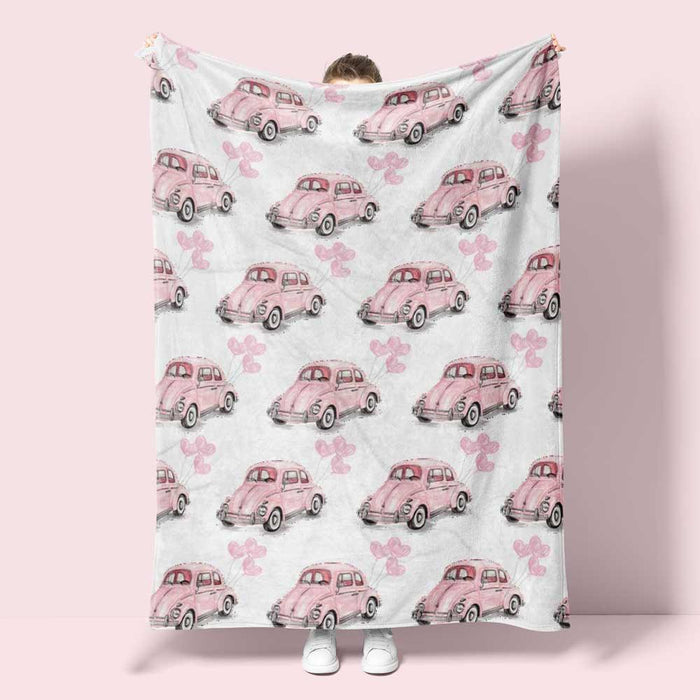 Vintage Car Pink VW Beetle Heart Balloon Throw Blanket