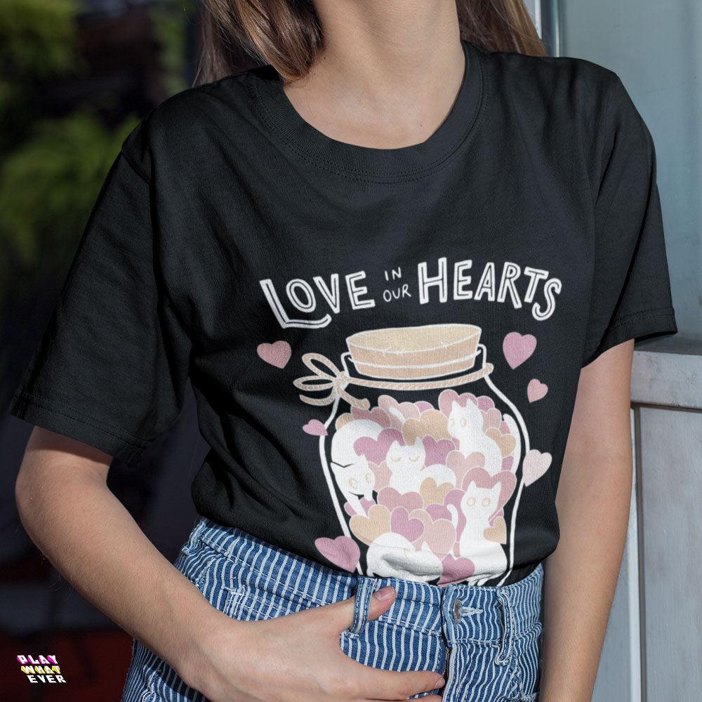 Love in Our Hearts Cute Cat Jar T-Shirt - PlayWhatever