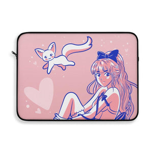Cute Pink Anime Girl and Cat Laptop Sleeve - PlayWhatever