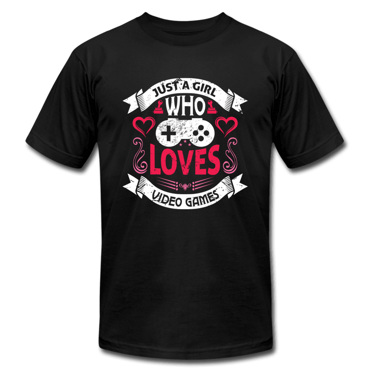 Just A Girl Who Loves Video Games Hearts Unisex Jersey T-Shirt - black